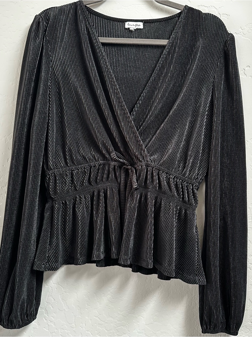 Love Fire Black Ribbed Velvet Wrap Peplum Top